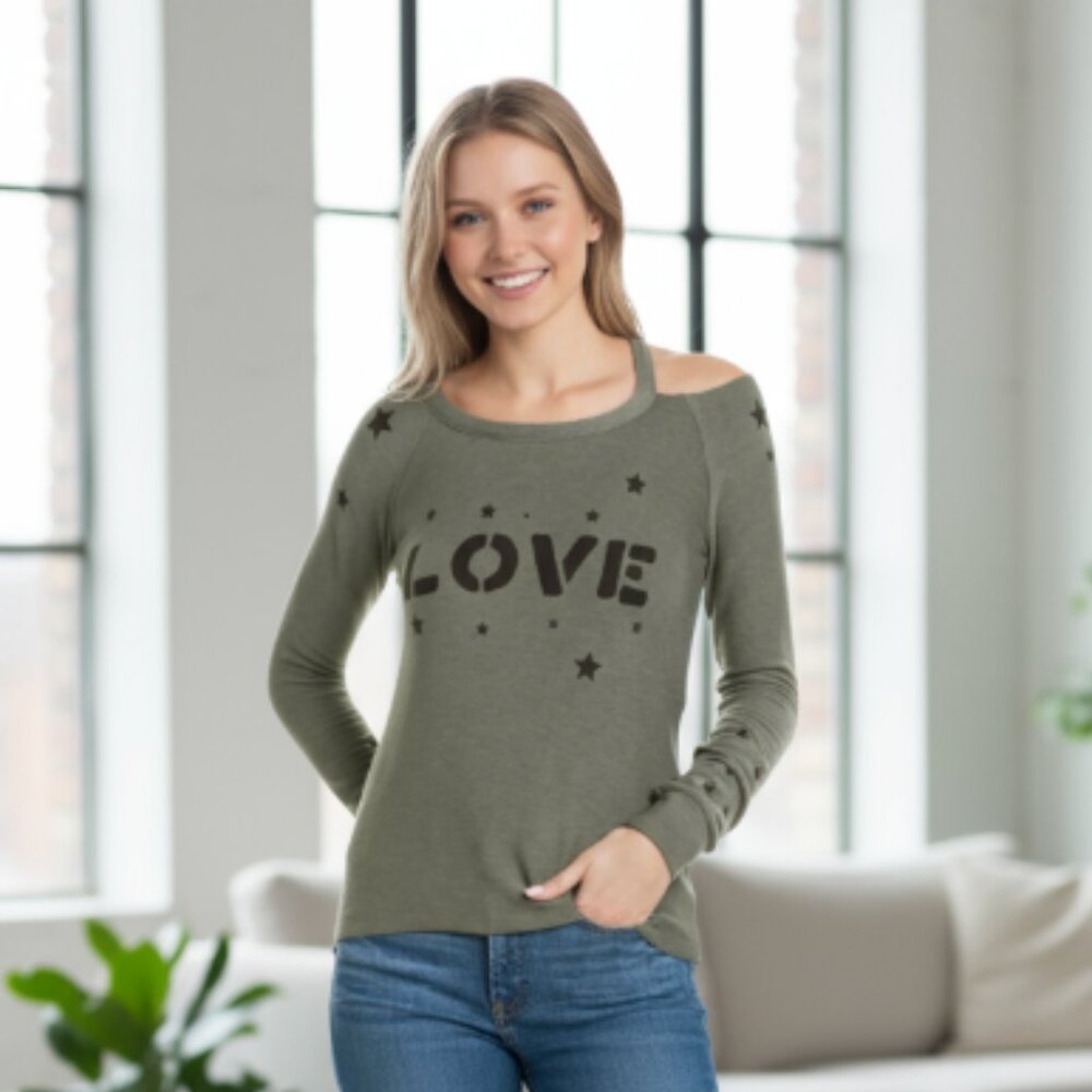 NWT Chaser Love Stars Cozy Knit Vented Pullover Top Green Small